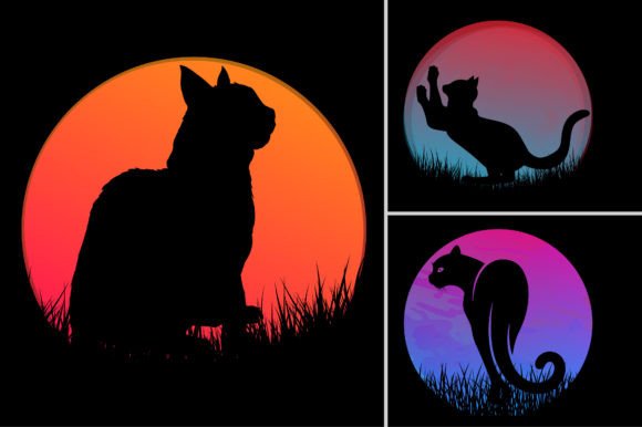 Unleash Retro Cool: The Cat Sunset T-Shirt Design Graphic Bundle
